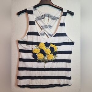 Pilcro Navy and White Striped Tank with Yellow Floral Embroidery